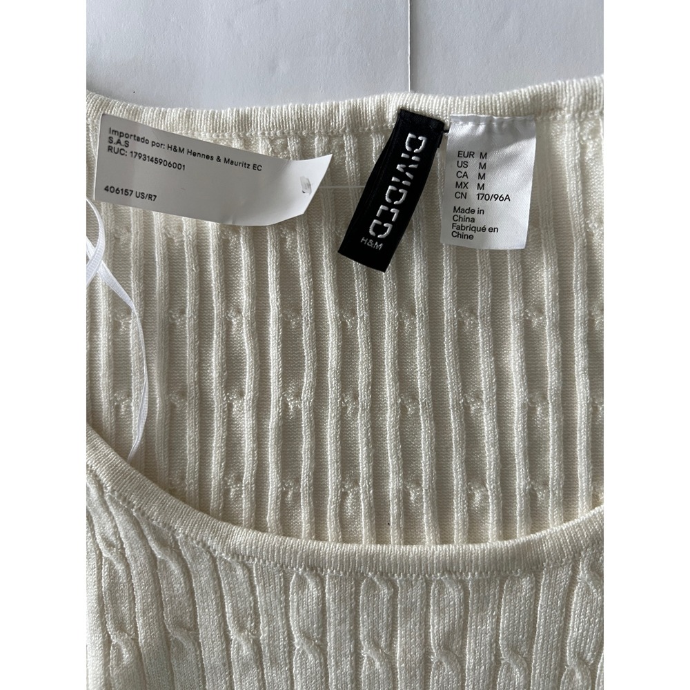 H&M Divided Cream White Cable Knit Cropped Sweater Scoop Neck Long Sleeve Size M